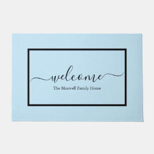 Elegant light blue script family name welcome doormat