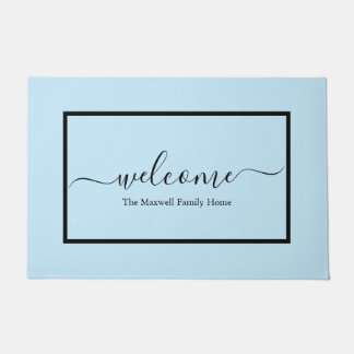 Elegant light blue script family name welcome doormat