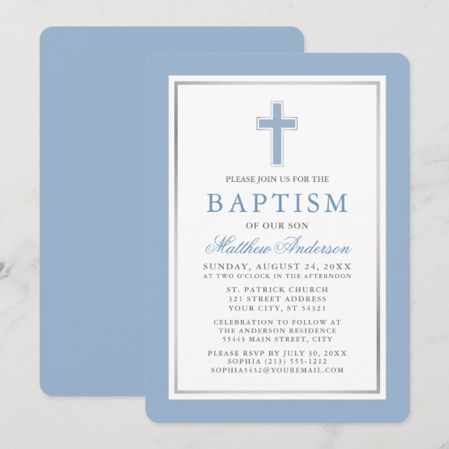 Elegant Light Blue Silver Baptism Invitation (Front/Back)