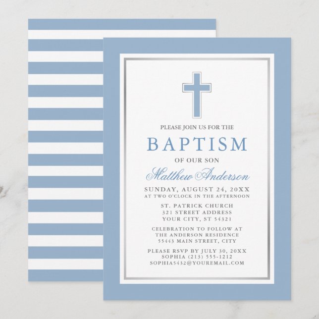 Elegant Light Blue Silver Baptism Striped Invitation (Front/Back)