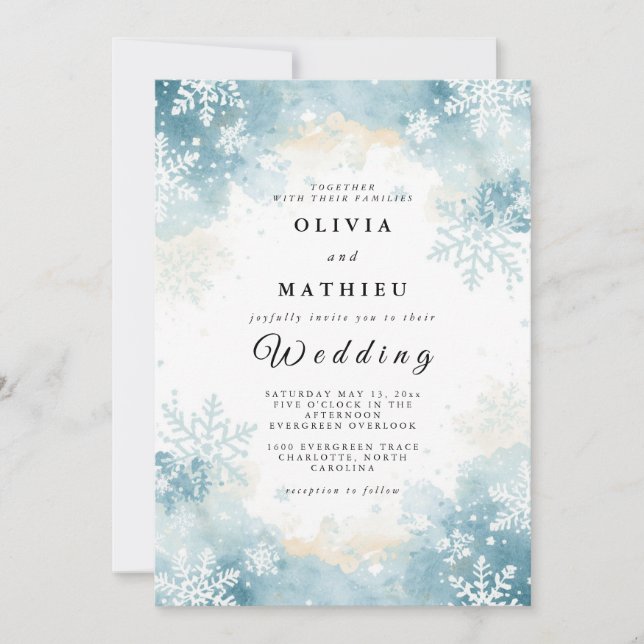 Elegant Light Blue Snowflake Winter Wedding Invitation (Front)