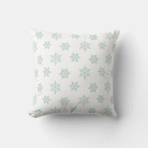 Elegant Light Blue Snowflakes on White Cushion