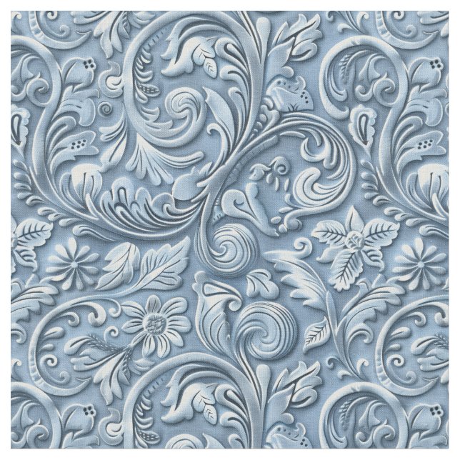 Elegant light blue tooled leather floral fabric (Close Up)
