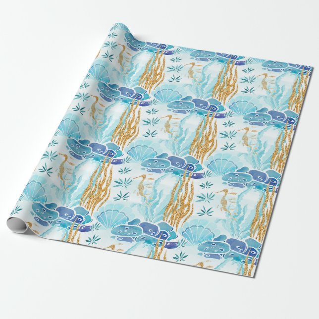Elegant Light Blue Under the Sea Coral Reefs Wrapping Paper (Unrolled)