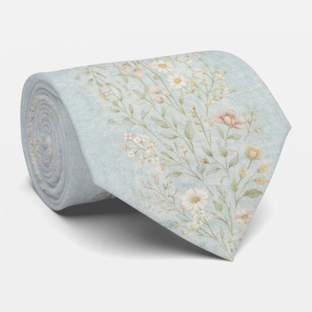 Elegant Light Blue Vintage Botanical  Tie (Rolled)