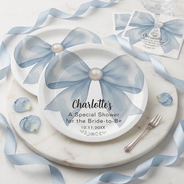 Elegant Light Blue Watercolor Bow Custom Paper Plate (Creator Uploaded)