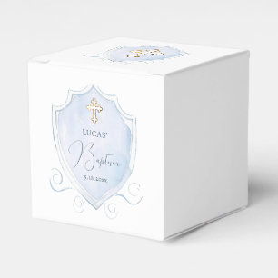Elegant Light Blue Watercolor Crest Baptism Cube Favour Box
