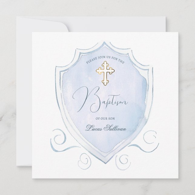 Elegant Light Blue Watercolor Crest Baptism Invitation (Front)