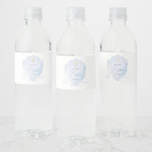 Elegant Light Blue Watercolor Crest Baptism Water Bottle Label