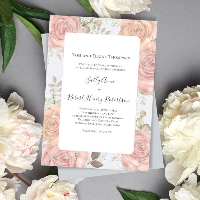 Elegant Light Blue Wedding Blush Pink Floral Invitation (Beautiful light blue and blush pink floral wedding invitation template.)