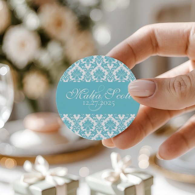 Elegant Light Blue White Damask Wedding Favour Classic Round Sticker (Creator Uploaded)