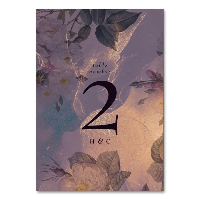 Elegant Light Boho Floral Purple Rose Gold Wedding Table Number (Front)