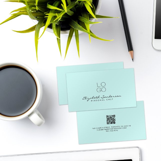 Elegant Light Cyan Luxury Script QR CODE  Business Card (Creator Uploaded)