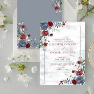 Elegant Light Dusty Blue Burgundy Floral Wedding Invitation