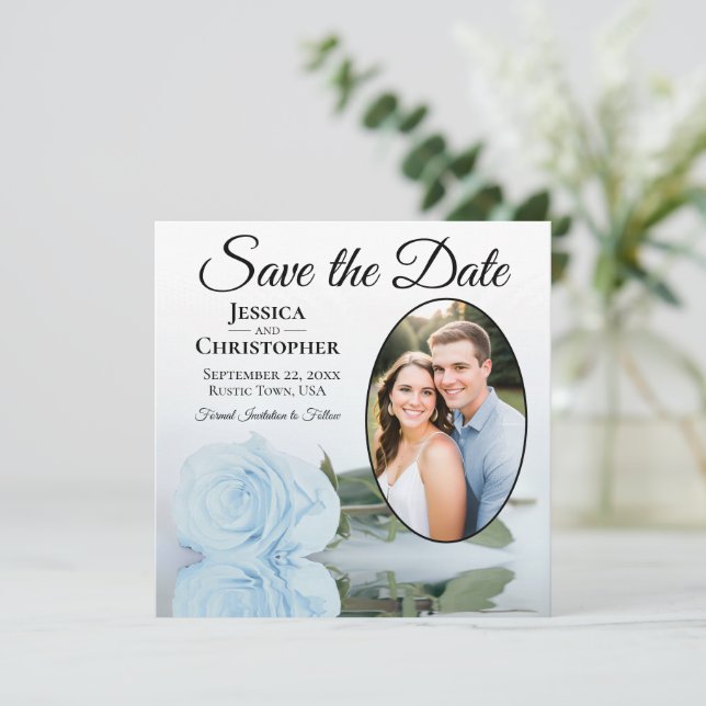 Elegant Light Dusty Blue Rose & Oval Photo Wedding Save The Date (Standing Front)