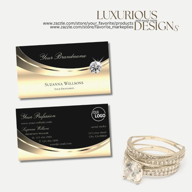 Elegant Light Gold and Black with Logo Diamond Business Card (Creator Uploaded)