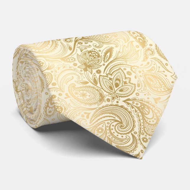 Elegant Light Gold And Ivory Paisley Pattern Tie (Rolled)