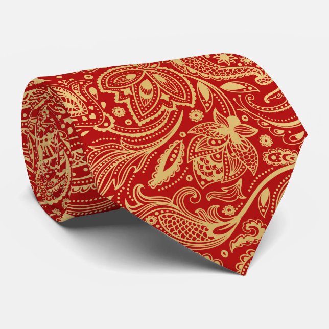 Elegant Light Gold & Red Vintage Paisley Tie (Rolled)