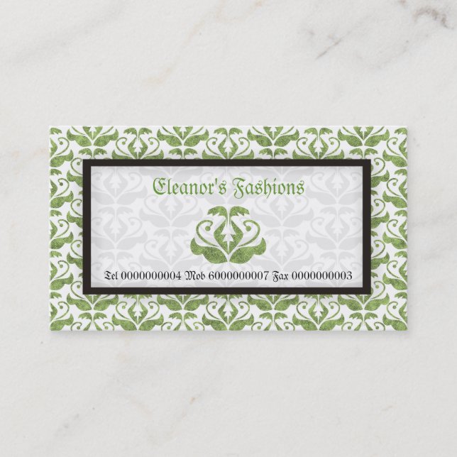 Elegant light green damask fashion business cards (Front)