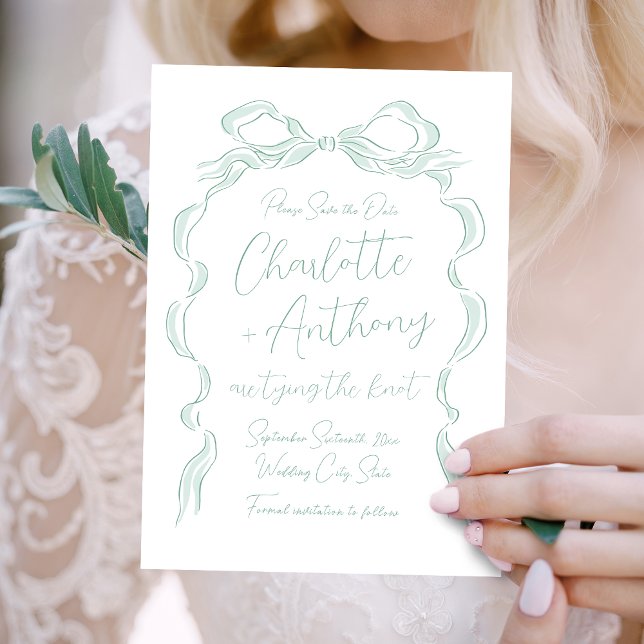 Elegant Light Green Hand Drawn Bow  Save The Date (Elegant Light Green Hand Drawn Bow Save The Date)