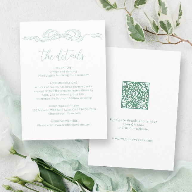 Elegant Light Green Hand Drawn Bow Wedding Details Enclosure Card (Elegant Light Green Hand Drawn Bow Wedding Details Enclosure Card)