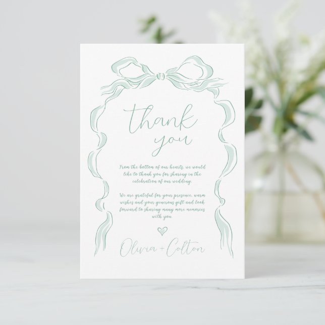 Elegant Light Green Hand Drawn Bow Wedding Thank You Card (Standing Front)