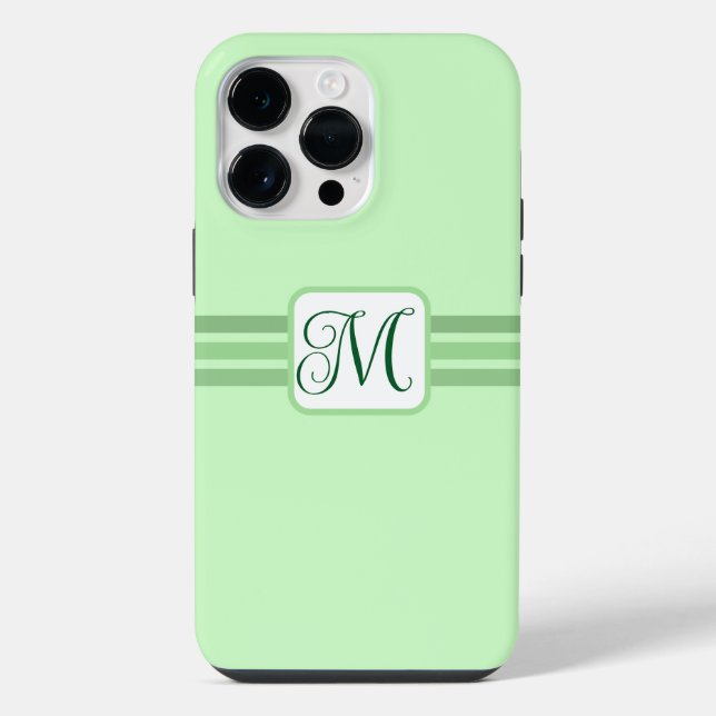 Elegant Light Green Striped Initial iPhone Case (Back)