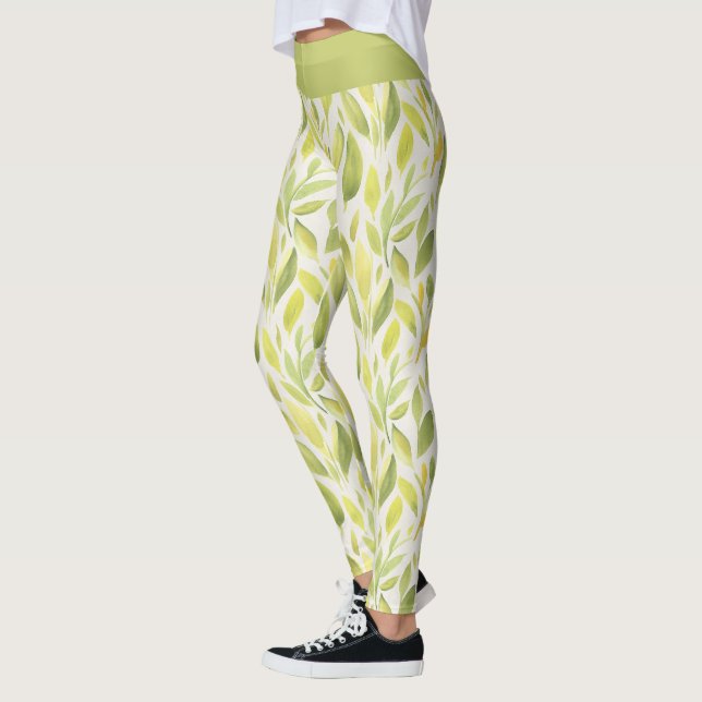 Elegant Light Green Yellow Leaves Pattern  Leggings (Left)