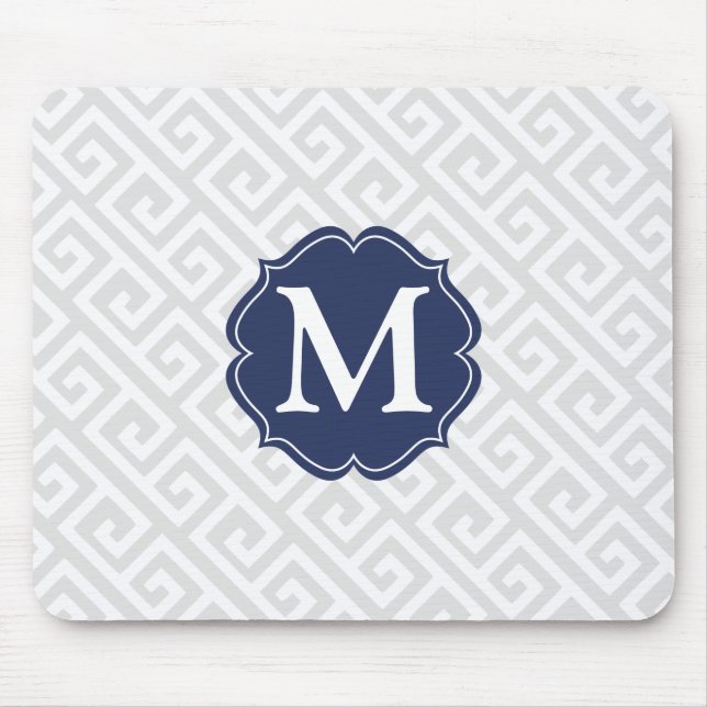 Elegant Light Grey Greek Key Personalised Mouse Mat (Front)