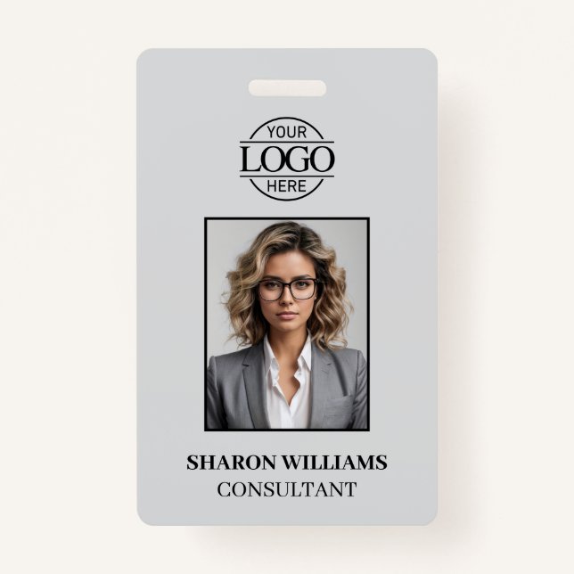 Elegant Light Grey Minimalist Employee Photo ID Badge (Front)