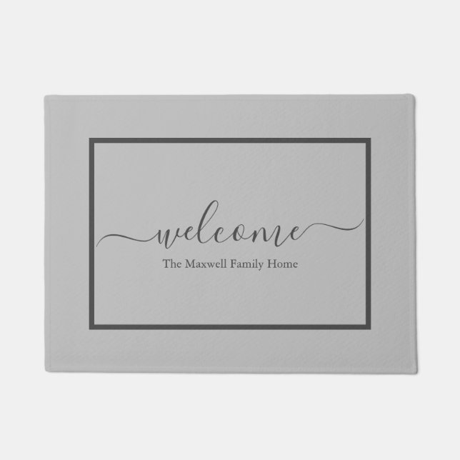 Elegant light grey script family name welcome  doormat (Front)