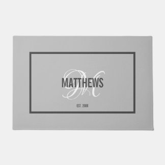 Elegant light grey script monogram name wedding doormat