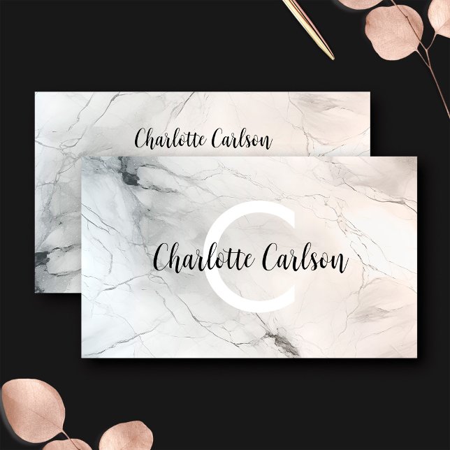 Elegant Light Marble Monogram Script Business Card (Creator Uploaded)