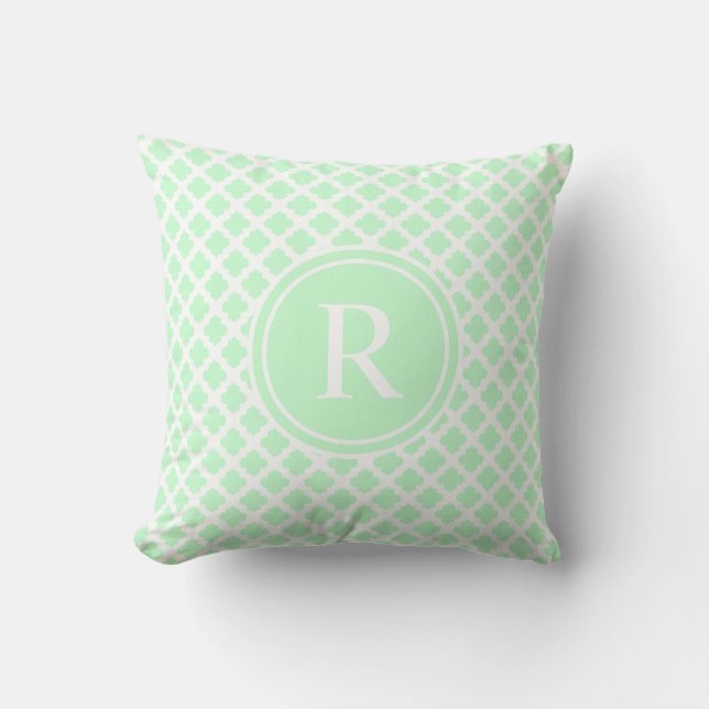 Elegant Light Mint Green Quatrefoil Monogram Cushion (Front)