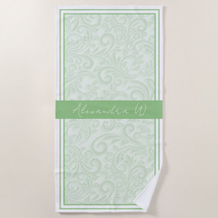 Elegant Light Olive Floral Damask Monogram Name Beach Towel