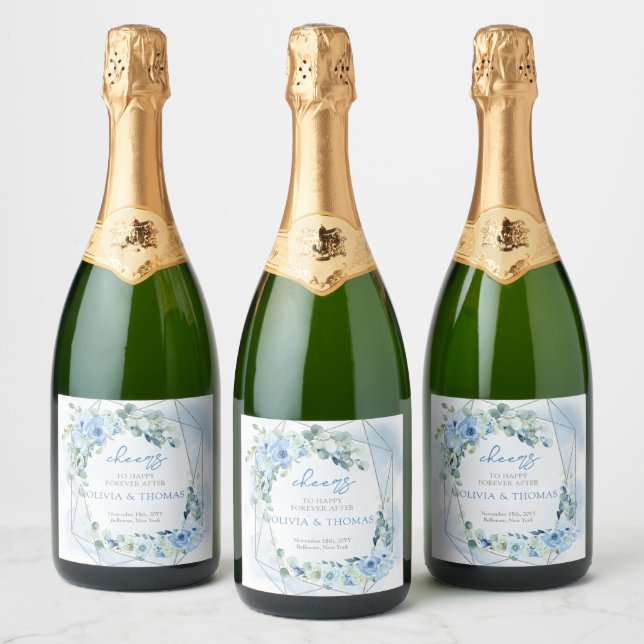 Elegant light pastel blue flowers and eucalyptus sparkling wine label (Bottles)