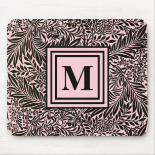 Elegant Light Pink and Black Botanical Pattern Mouse Mat