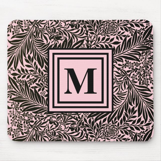 Elegant Light Pink and Black Botanical Pattern Mouse Mat (Front)