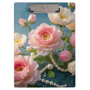 Elegant light pink blush flowers with pearls clipboard