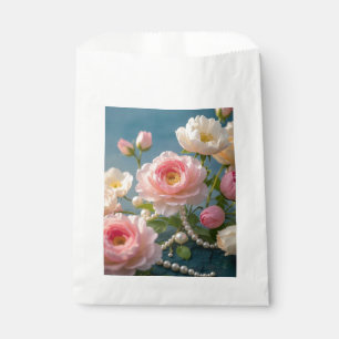 Elegant light pink blush flowers with pearls favour bags