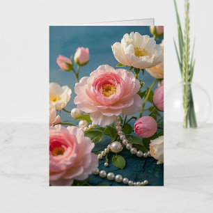 Elegant light pink blush flowers with pearls  foil greeting card