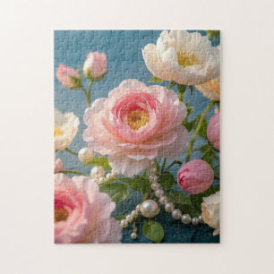 Elegant light pink blush flowers with pearls jigsaw puzzle