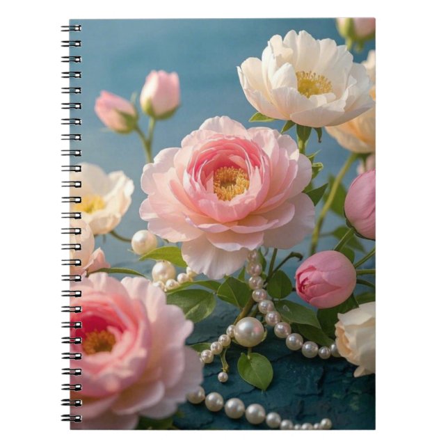 Elegant light pink blush flowers with pearls  notebook (Front)