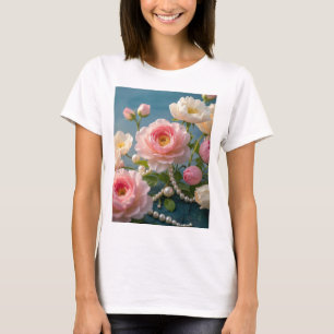 Elegant light pink blush flowers with pearls  T-Shirt