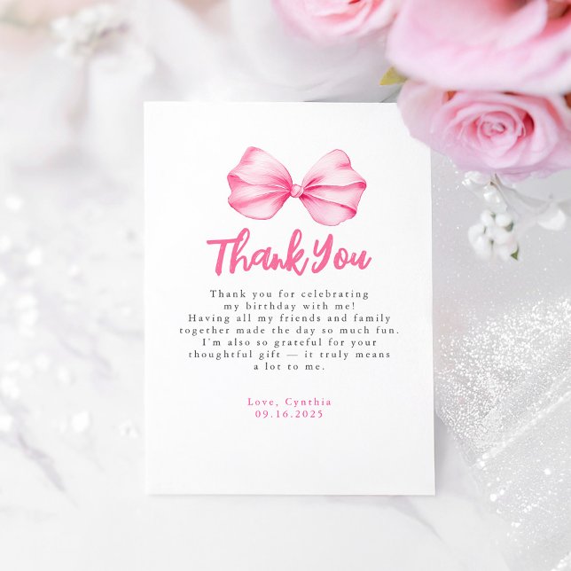 Elegant Light Pink Bow Birthday Thank You (Pink Bow Birthday Thank You Card)