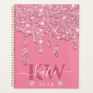 Elegant Light Pink Dripping Glitter Monogram Planner