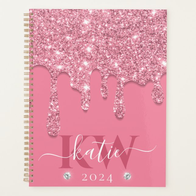 Elegant Light Pink Dripping Glitter Monogram Planner (Front)