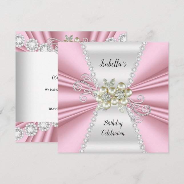 Elegant Light Pink Pearl White Diamond Birthday Invitation (Front/Back)