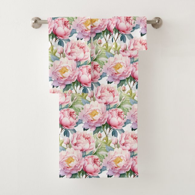 Elegant Light Pink Peonies Roses Floral Towel Set (Insitu)