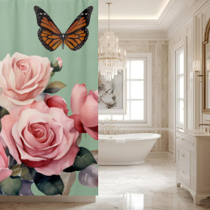 Elegant Light Pink Roses Butterfly Shower Curtain